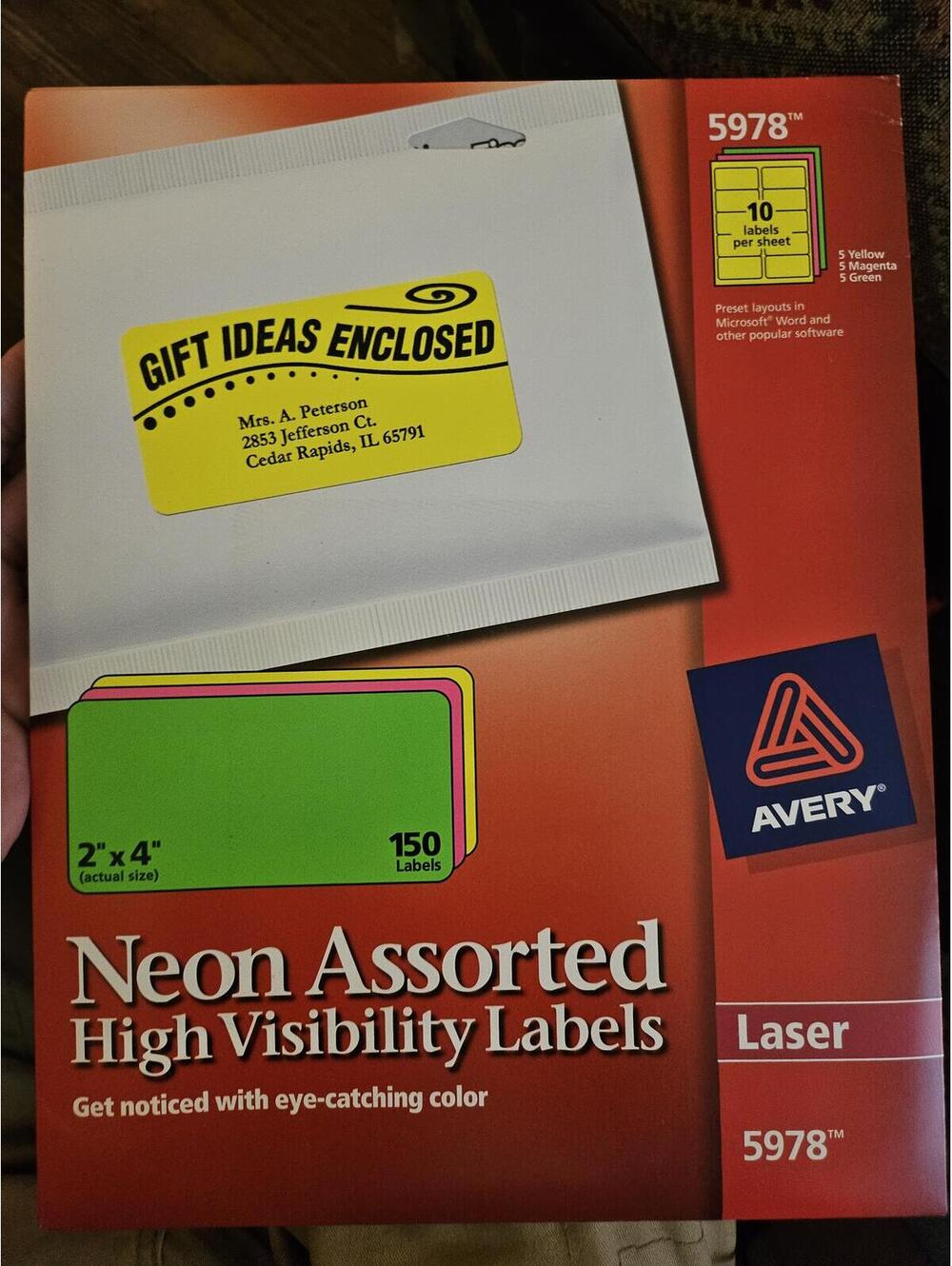 Avery High-Visibility Laser Labels, 2 x 4, Assorted Neons, 150/Pack - AVE5978